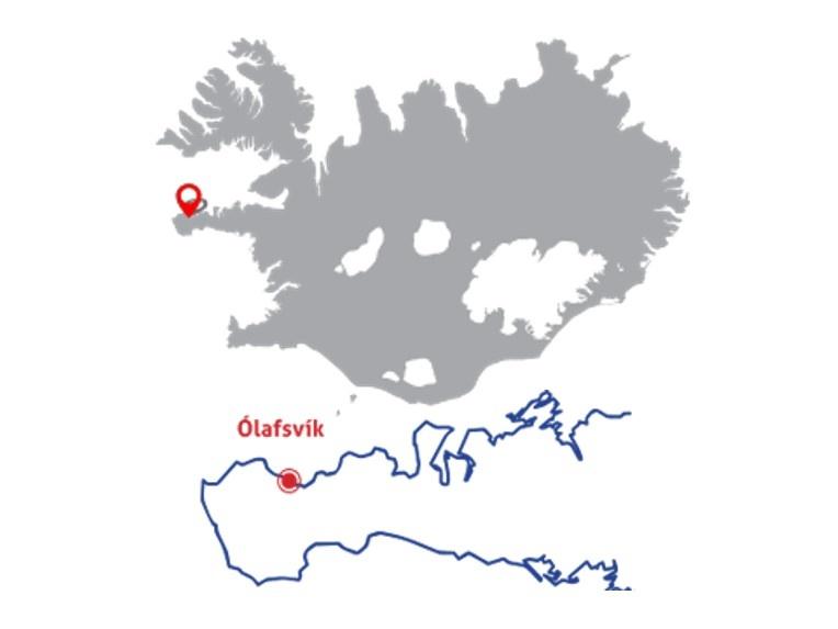 Mapa de Islandia con el puerto Ólafsvík