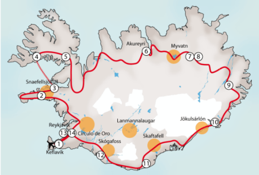 Mapa del viaje la gran Vuelta a Islandia