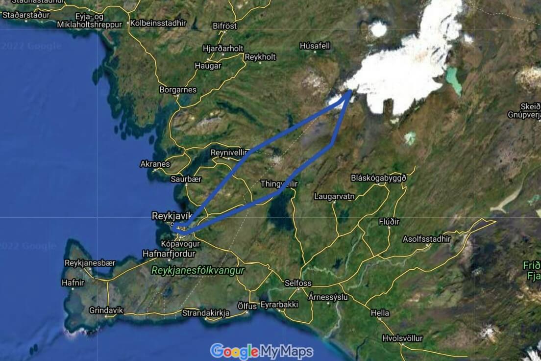 mapa vuelo en helicóptero en Islandia