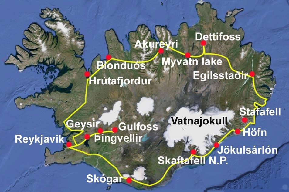 Ruta del viaje en primavera en Islandia