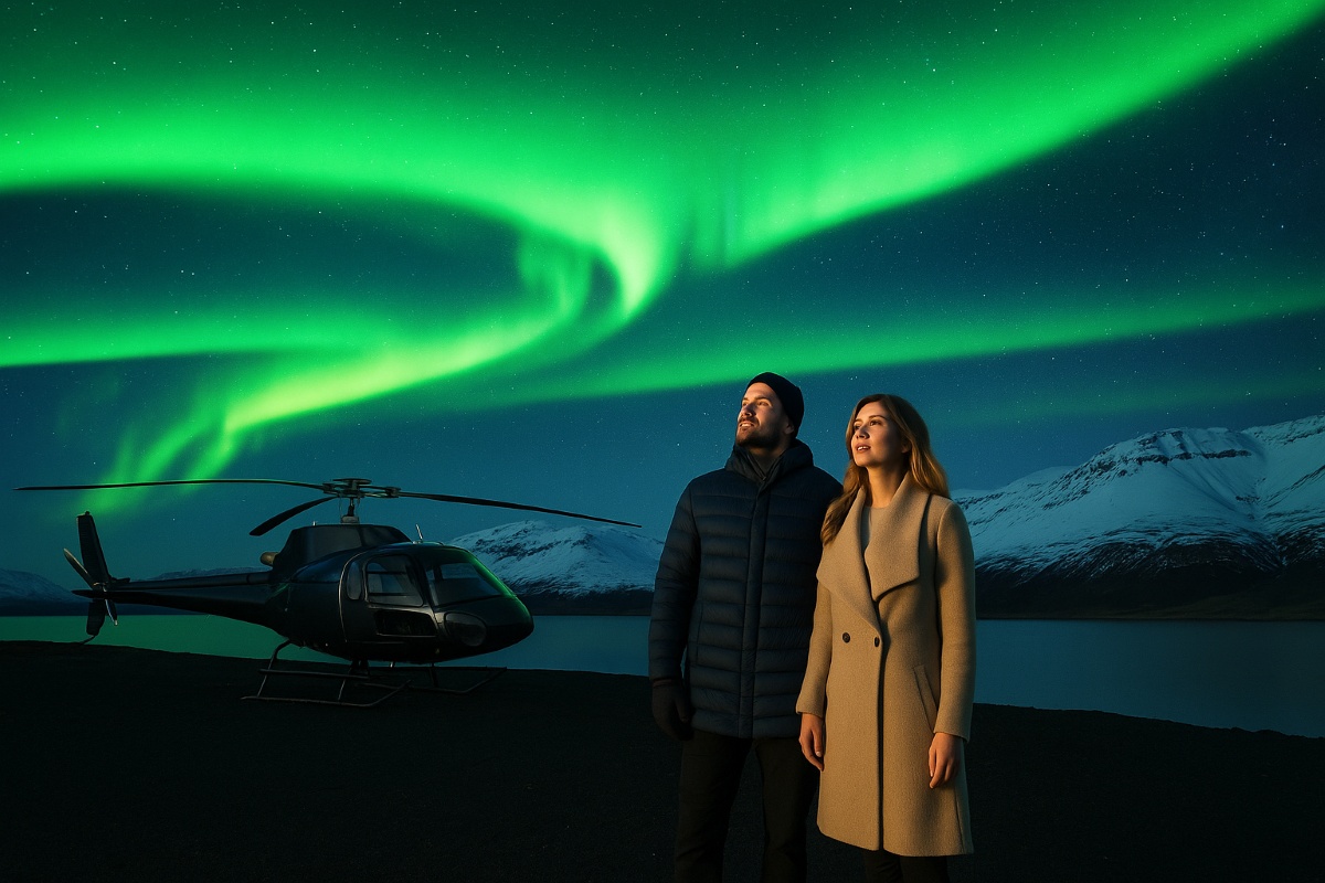 Pareja disfrutando de auroras boreales junto a un helicóptero privado en Islandia durante una excursión VIP 2026