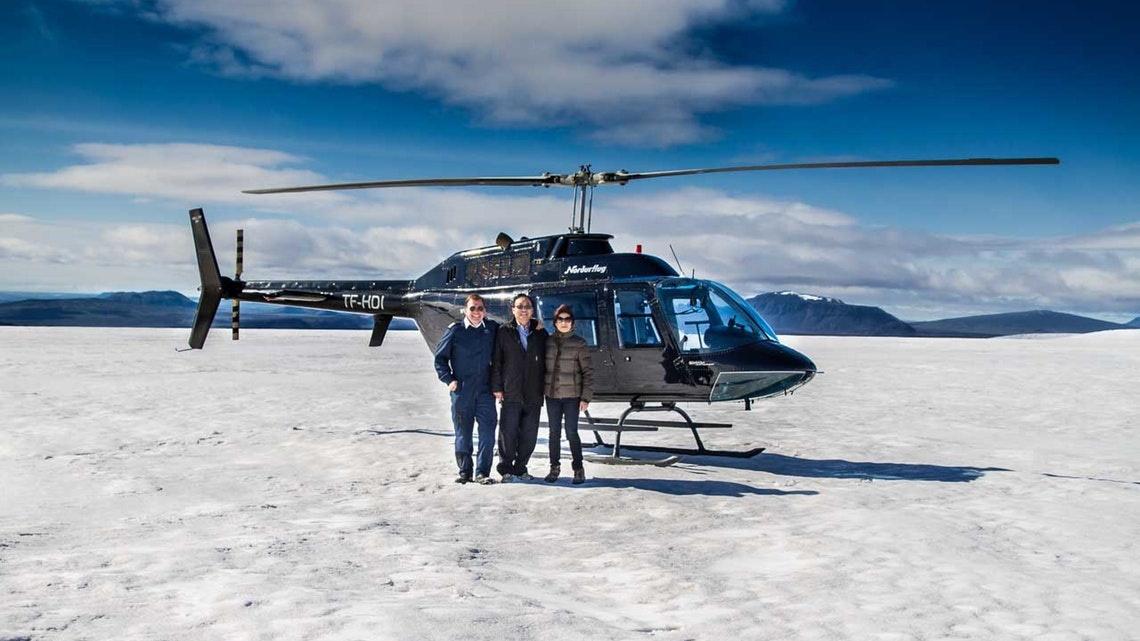 Helicopter landing on a glacier in Iceland