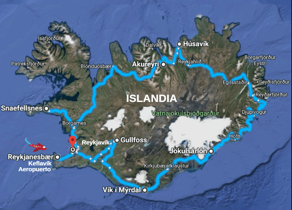 Mapa de circuito de 8 días con el coche alquilado en Islandia. Dar la vuela a Islandia en una semana.